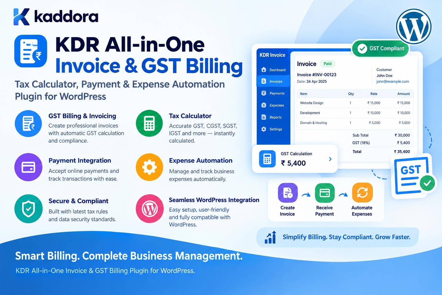 KDR All-in-One Invoice & GST Billing – Tax Calculator, Payment & Expense Automation Plugin for WordPress